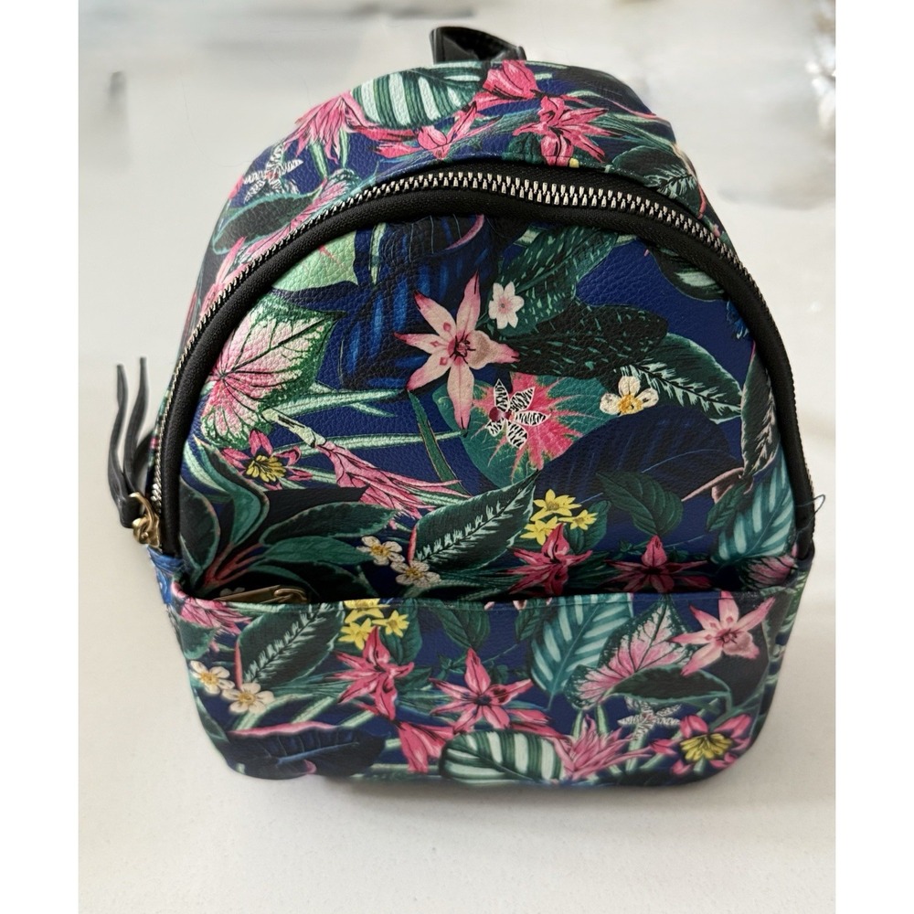 Typo‎ Mini Backpack Front Zip Pocket Black Floral Faux Leather